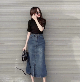 Chân váy jean dài cạp cao , váy jean dáng dài đuôi cá thanh lịch